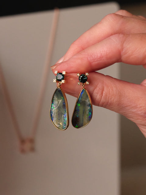 Set Square Boulder Opal and Sapphire Earrings