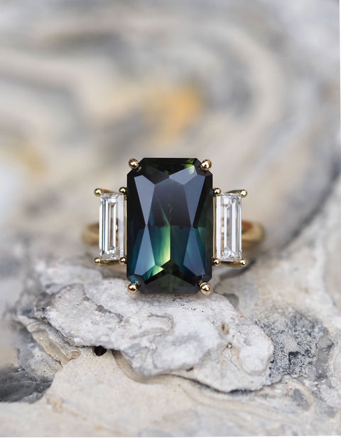 Radiant Cut Australian Sapphire and diamond ring