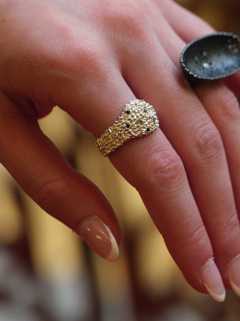 Silver ring with black stones on a person's finger against a blurred background